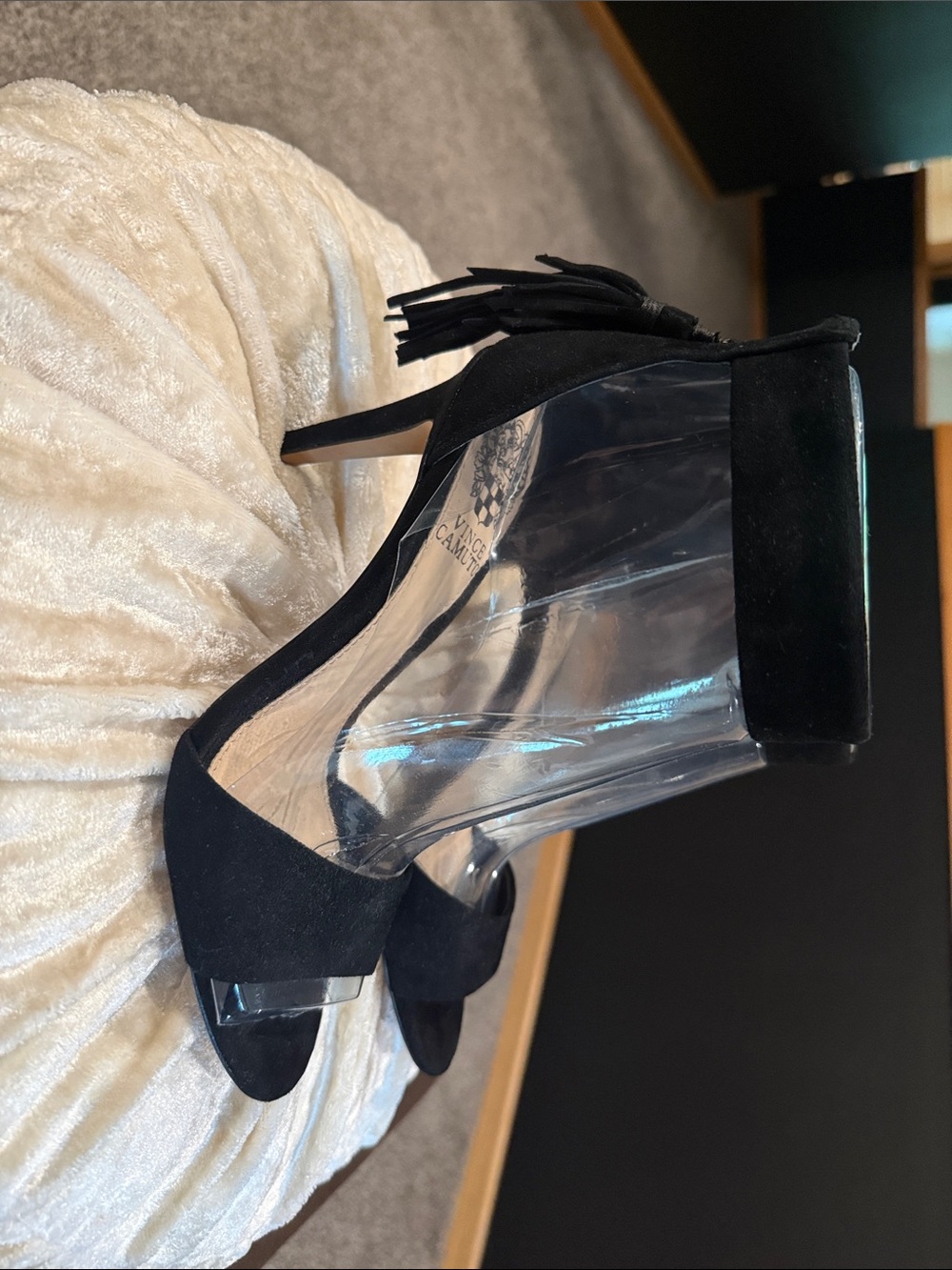 Vince Camuto Black Suede Open-Toe Tassel Heels